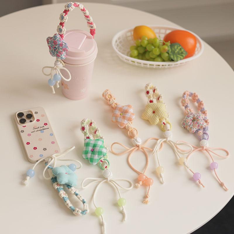 スマホストラップ バッグチャーム レディース 落下防止 かわいい 手編み フラワー リボン コットンロープ 小花柄 2WAY 水筒 鞄 アクセサリー ブルー オ...