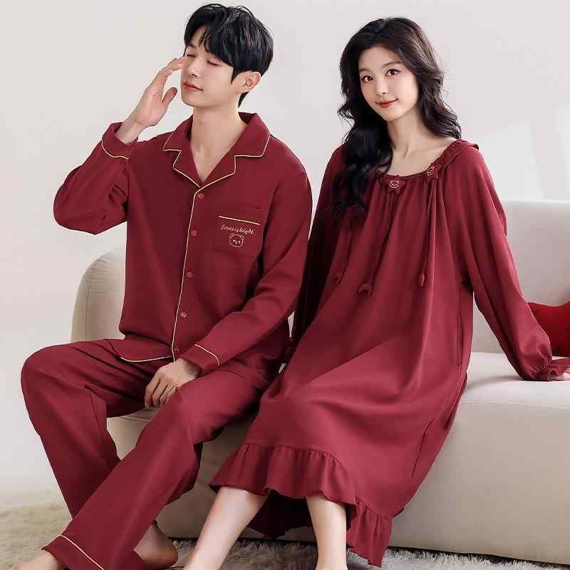 ルームウェア セット レディース ワンピース メンズ パジャマ ペア カップル 長袖 綿100% 春秋冬 大きいサイズ カジュアル レッド 通気性 伸縮性 保温性 お出かけ可能 ラウンドネック 高級感