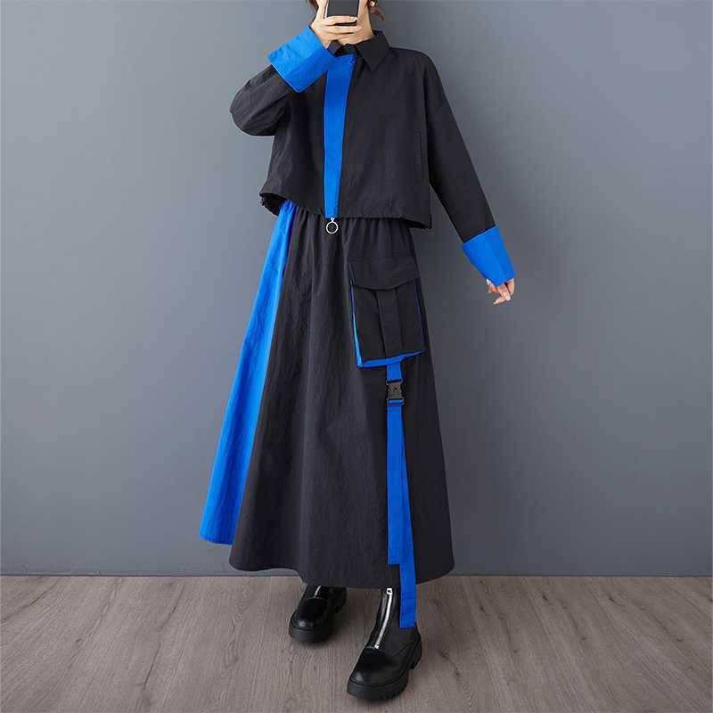 セットアップ レディース 秋冬 韓国ファッション 大きいサイズ バイカラー 切り替え ファスナー ショート丈トップス ロングスカート ビ..