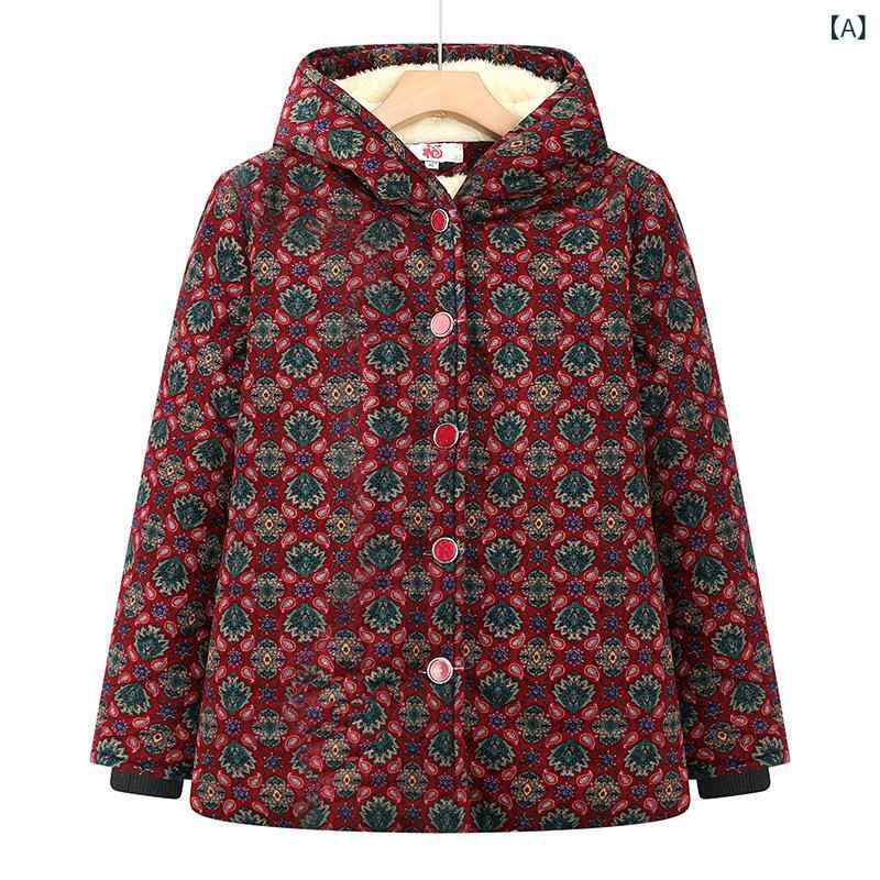 中綿コート レディース シニア ミセス 裏起毛 厚手 暖か フード付き 小花柄 ゆったり 大きいサイズ 秋冬 防寒 カジュアル レッド ブルー