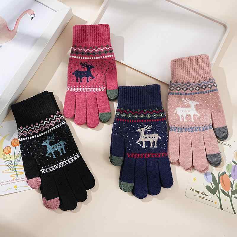 手袋 レディース スマホ対応 裏起毛 厚手 暖かい 防寒 5本指 ニット アクリル 秋冬 かわいい ピンク ブ..