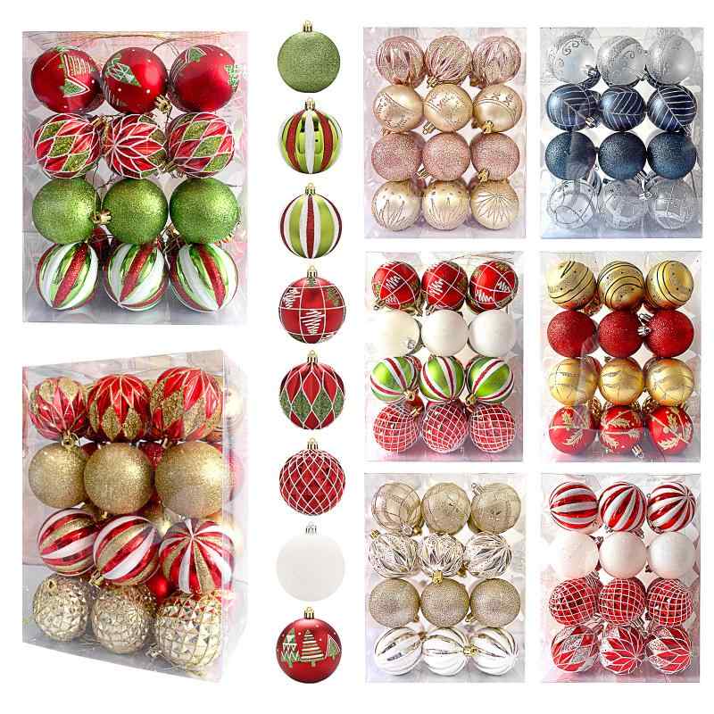 クリスマスオーナメント 6cm 24個 プラスチック製 両面電気メッキ加工 丸型ペイント 透明スクエアボックス入り ツリー装飾セット