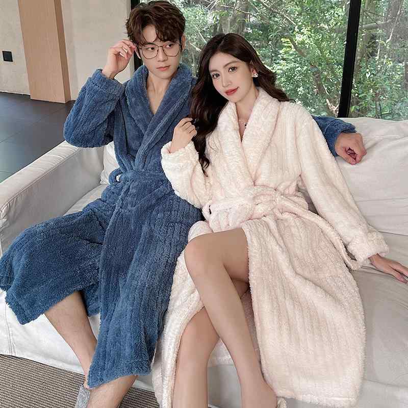ガウン レディース メンズ カップル ペア 厚手 保温 あったか ふわふわ もこもこ サンゴフリース シャギー素材 ポリエステル ロング丈 ルームウェア 部屋着 パジャマ ナイトガウン バスローブ 寝巻き 秋冬 シンプル 快適 リラックス