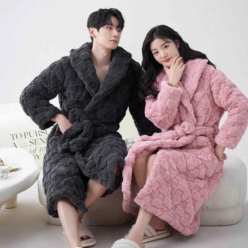 パジャマ ルームウェア レディース メンズ カップル ペア フード付き 前開き ガウン 厚手 保温 三層構造 中綿入り ジャガード織り 冬 部屋着 アウター