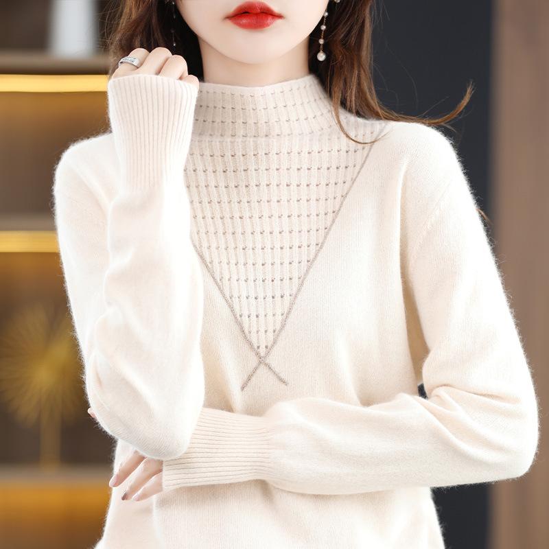 ニット レディース 秋冬 フレンチ レトロ カジュアル 上質純羊毛素材 半ハイネック 長袖 透かし編み 配..