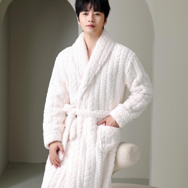 ルームウェア メンズ 男性用 暖か 保温 厚手 裏起毛 サンゴフリース フランネル ガウン ロング丈 ナイトガウン バスローブ パジャマ 秋冬 冬用 襟付き シンプル カジュアル 大きいサイズ