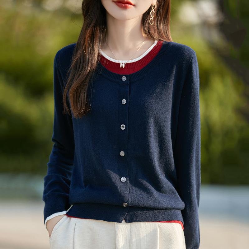 カーディガン レディース 上品 通勤 精紡ウール ラウンドネック ニット 長袖 配色切り替え ゆったり フ..