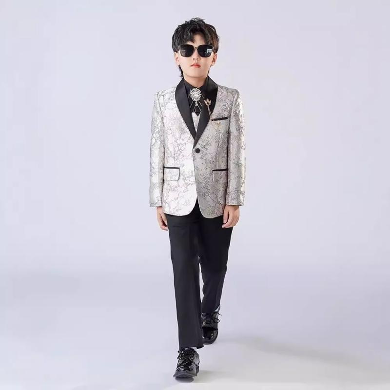 スーツ キッズ 男の子 ボーイズ ジュニア ジャケット セットアップ 高級感 シルバープリント 英国風 シングルボタン ピアノ発表会 演奏会 結婚式 パーティー...
