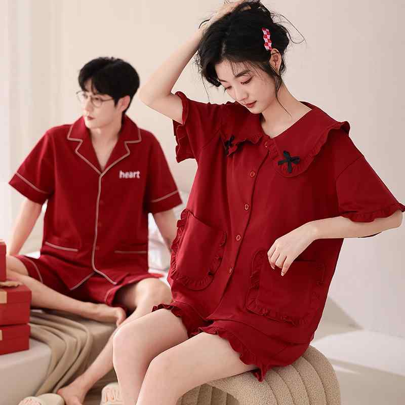 パジャマ ルームウェア レディース メンズ カップル ペア 接触冷感 伸縮性 綿 半袖 ショートパンツ 夏物 レッド 高級感 結婚 ブライダル 部屋着 かわいい 韓国風