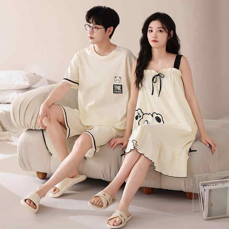 パジャマ レディース メンズ ペア 接触冷感 通気性 薄手 快適 伸縮性 綿100% コットン 夏用 韓国風 キャラクター かわいい 丸首 半袖 ショートパンツ 上下セット キャミソールワンピース ルームウェア