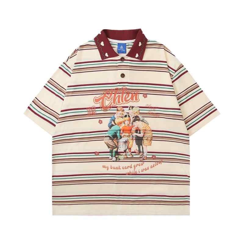 POLOシャツ メンズ レディース 綿素材 アメリカン レトロ スイートクール 切り替え ストライプ 半袖 ゆったり ルーズ カジュアル ストリート 万能 カップル ペア お揃い