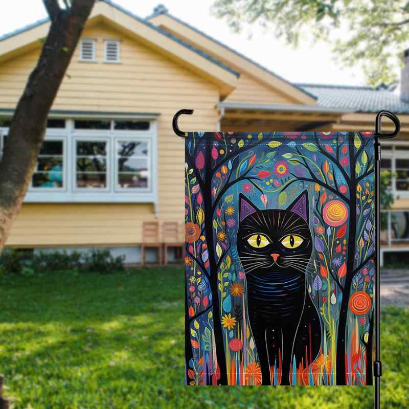ガーデンフラッグ 油絵風 かわいい 黒猫 丈夫なポリエステル製 庭 ベランダ 屋外用 デコレーション バ..