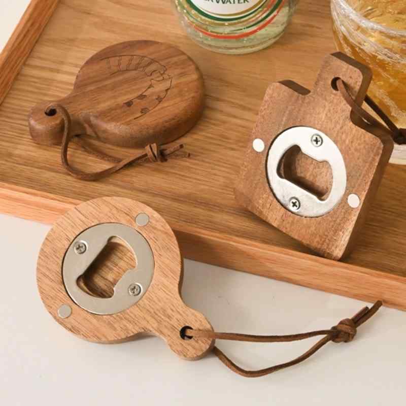 栓抜き ボトルオープナー 木製 無垢材 天然木 おしゃれ 家庭用 冷蔵庫 マグネット式 コースター 多機能..
