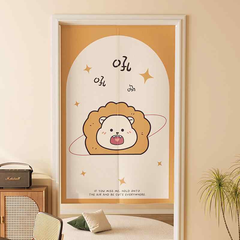 のれん つっぱり式 穴開け不要 間仕切り 目隠し 麻風 リネン風 布製 かわいい キャラクター柄 ショート丈 キッチン 寝室 トイレ バスルーム 脱衣所 家庭用 北欧風