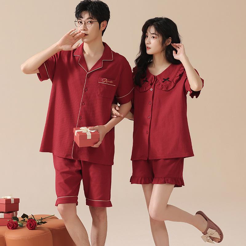 ルームウェア メンズ レディース 抗菌 接触冷感 通気性 ストレッチ 高級感 ワッフル 綿100% 前開き カップル ペア 結婚式 ブライダル 赤 部屋着 パジャマ ワンピース 薄手 半袖 ショートパンツ