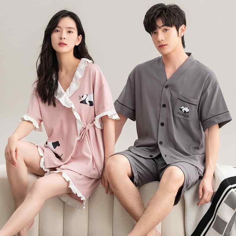 ルームウェア パジャマ カップル ペア メンズ レディース 接触冷感 薄手 通気性 伸縮性 半袖 ショートパンツ 綿100% 開襟 Vネック シンプル キャラクター 高級感 おうち時間 外出OK 上下セット 2点セット 春夏