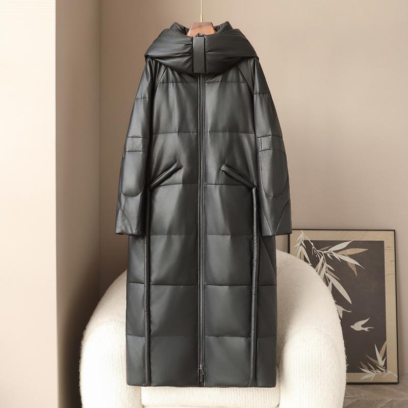 ダウンコート レディース 本革 羊革 シープスキン グースダウン ロング丈 厚手 暖かい ゆったり フード..