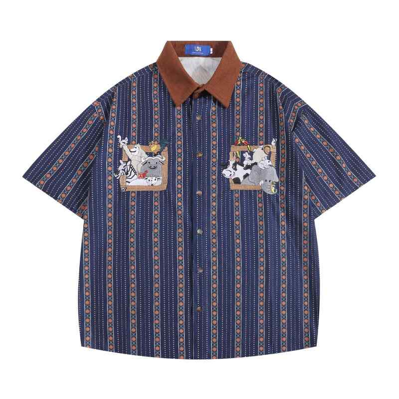 シャツ メンズ 半袖 アニメーション刺繍 日系レトロ BF風 ゆったり スクエアカラー カップルコーデ 春..