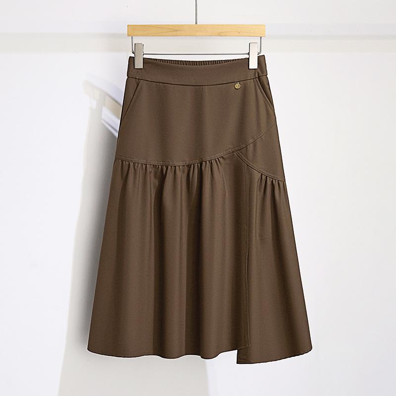 スカート レディース 切り替え シンプル プリーツ バックウエストゴム カジュアル Aライン ミモレ丈 通勤 エレガント ポリエステル 微ストレッチ ブラック カーキ