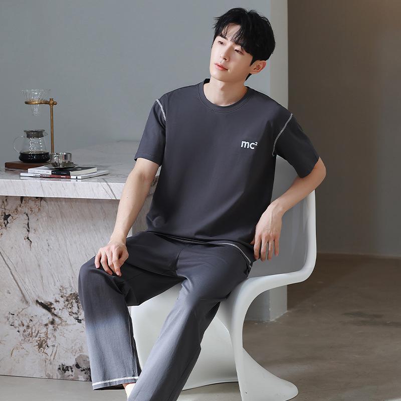 パジャマ メンズ 接触冷感 吸汗速乾 薄手 コットン100% 半袖 ロングパンツ 上下セット 春夏 ルームウェ..