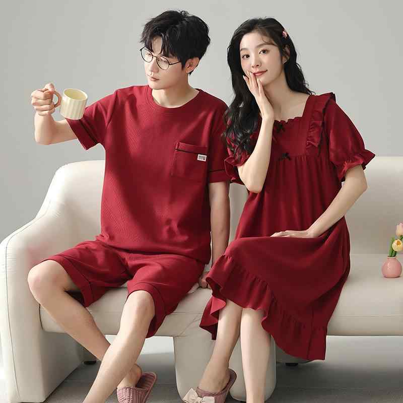 接触冷感 吸汗速乾 薄手 軽量 涼しい 高級感 ルームウェア パジャマ カップル ペア レディース メンズ 半袖 ショートパンツ 上下セット ワンピース 綿100% 夏用 結婚祝い 新婚 部屋着 おうち時間 スクエアネック レッド