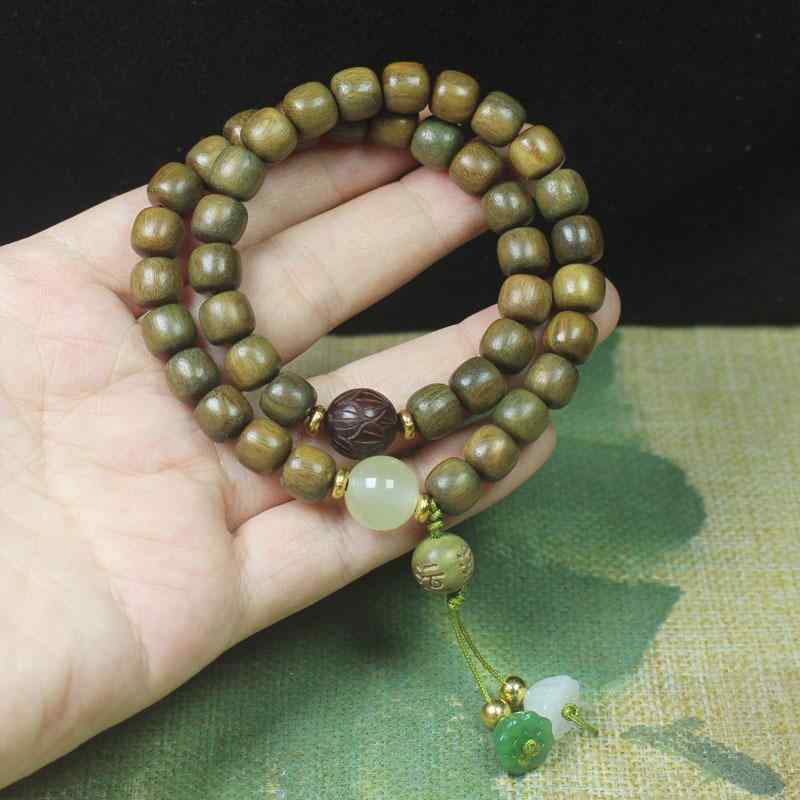 数珠 男女兼用 グリーンサンダルウッド 老型ビーズ 8mm ダブル ブレスレット 蓮の花 幸運 パワーストーン お守り ナチュラル 木製 念珠 仏教祈祷(3)