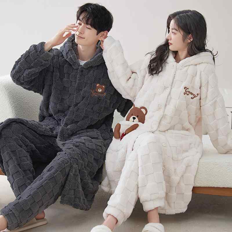 ルームウェア 男女兼用 厚手 裏起毛 フランネル コーラルフリース ミドル丈 ガウン ローブ 冬用 保温 防寒 伸縮性 部屋着 ペアルック ..