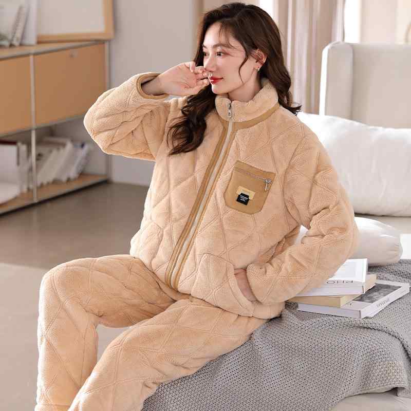パジャマ レディース 女性用 秋冬用 極厚 厚手 保温 あったか 三層構造 中綿入り サンゴフリース ハイネック ファスナー ロングパンツ セットアップ 寝間着 ルームウェア 部屋着 快適 カジュアル