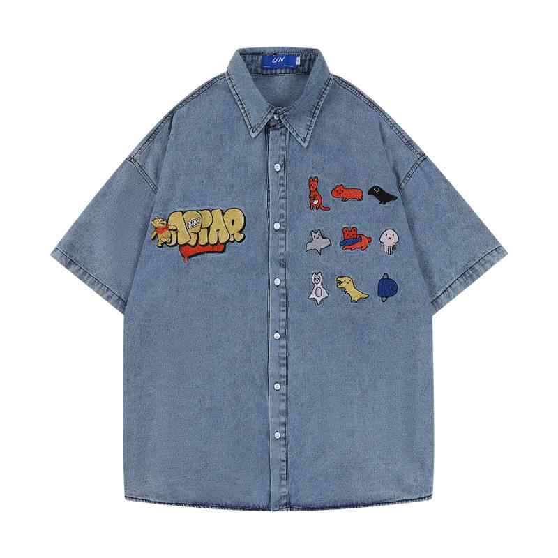 シャツ ユニセックス 通気性抜群 吸湿速乾 デニム 半袖 ゆったり ビッグシルエット ルーズフィット 刺繍 レトロ カジュアル 普段着 春夏