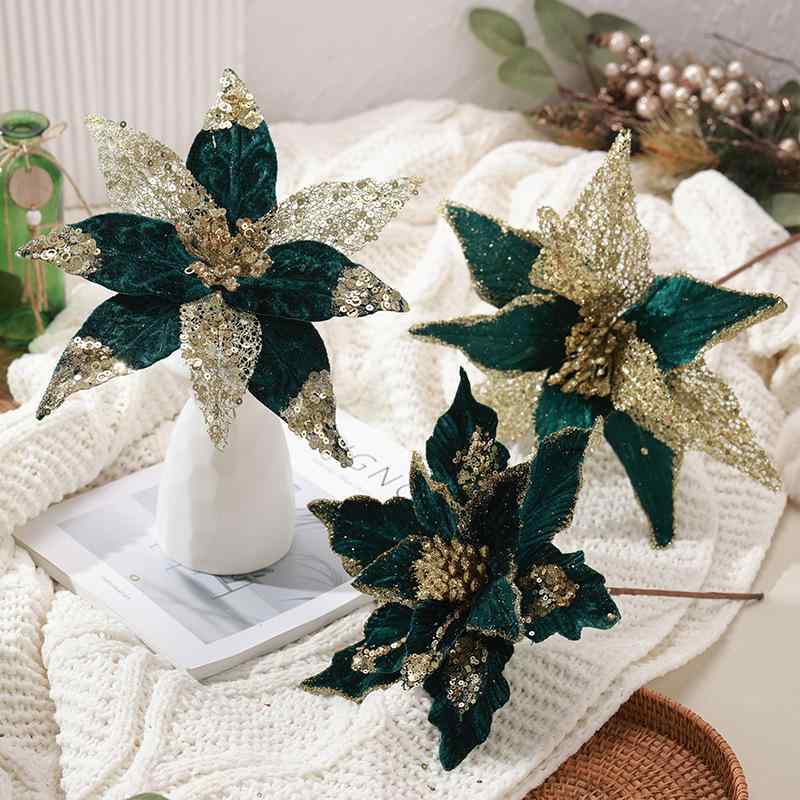 クリスマスオーナメント 手作り フェイクフラワー 30cm グリーン グリッター スパンコール ベロア生地 きらきら 豪華 おしゃれ クリスマスツリー飾り 布製 デコレーションアイテム