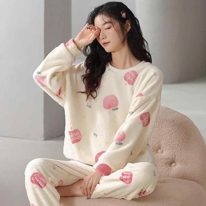 パジャマ セットアップ レディース 女性用 厚手 保温 暖かい 快適 部屋着 外出OK フランネル 甜美かわ..