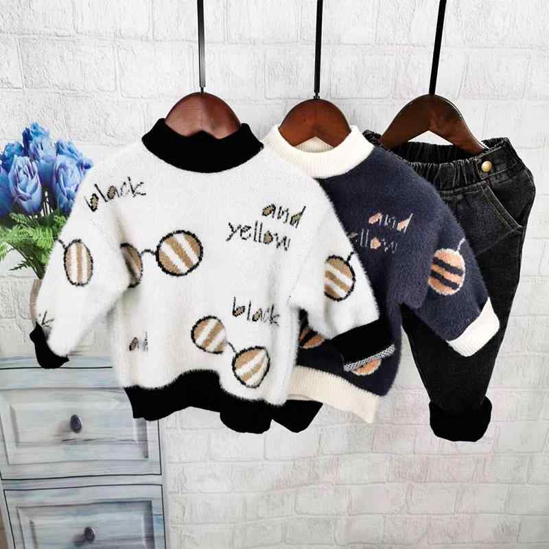 キッズ 男の子 ミンクフリース 起毛 裏起毛 セーター ニット 丸首 プルオーバー 長袖 カートゥーン 眼..