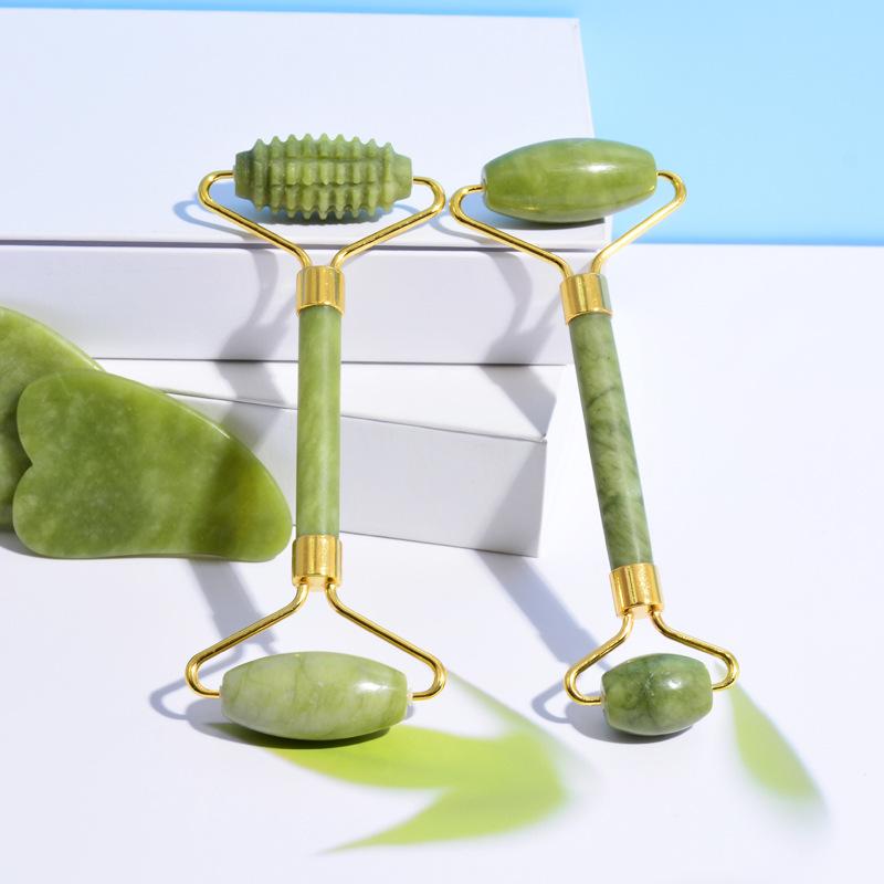 楽天モズラボ美顔ローラー 天然石 緑鳳玉 ハート型 高級感 マッサージ棒 かっさプレート 自宅エステ セット 小顔 リフトアップ 血行促進 フェイシャルケア スキンケア デイリーケア（x2）