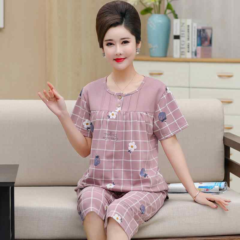 パジャマ ルームウェア レディース 夏 中高年 ミセス向け 薄手 通気性 快適 純綿 コットン ニット素材 半袖 プルオーバー 七分丈パンツ クロップドパンツ 上下セット