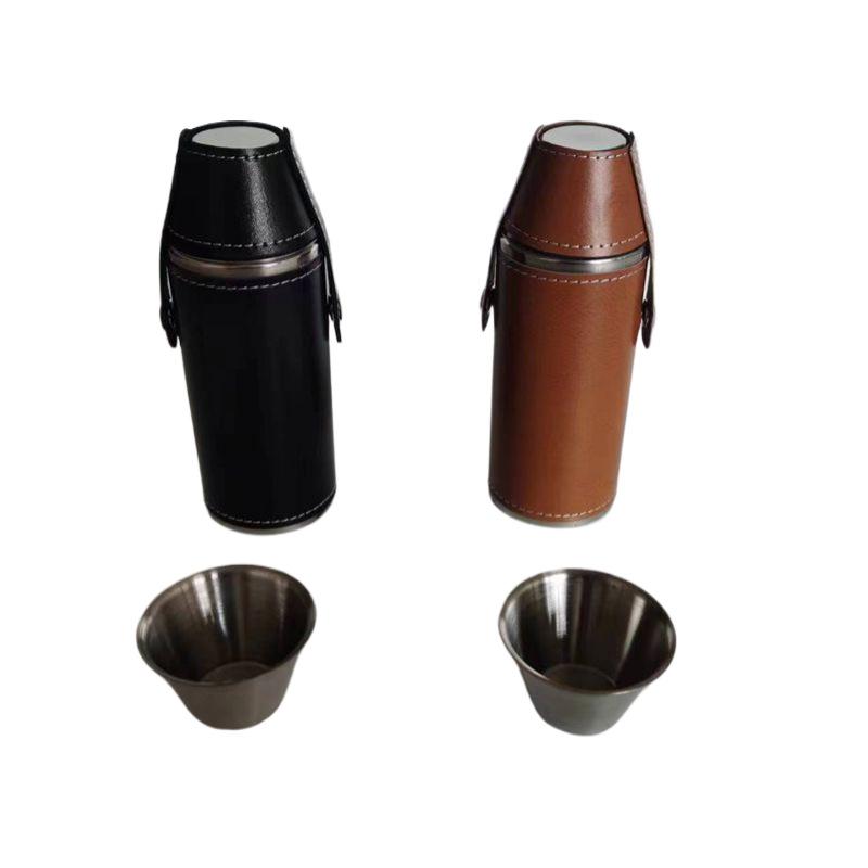 スキットル 8オンス 円筒形 304ステンレス製 PUレザー巻き 携帯用ボトル アウトドア キャンプ シンプル おしゃれ ブラック ブラウン(x2)