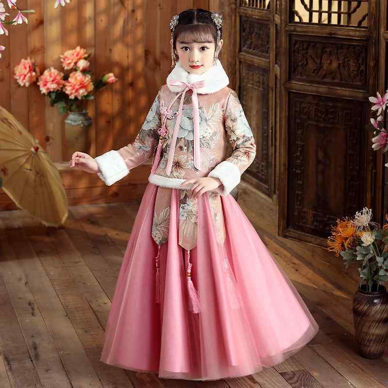 チャイナドレス キッズ 女の子 裏起毛 厚手 花柄 かわいい 漢服 唐装 プリンセス 古典衣装 中国伝統衣..