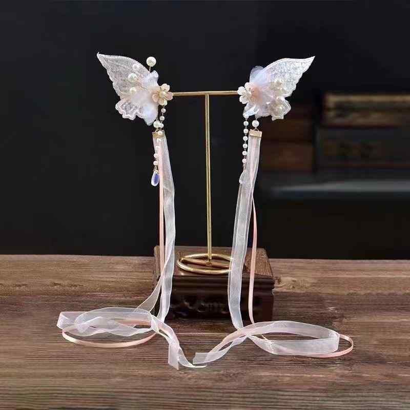 髪飾り レディース 手作り 揺れる 長いリボン バタフライ チャーム 漢服風 古典風 プリンセススタイル ..