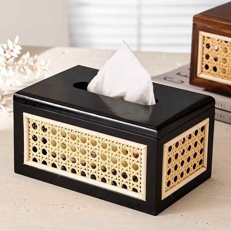 ティッシュケース 無垢材 木製 藤編み ラタン 和風 レトロ ヴィンテージ ロールペーパー対応 リビング ダイニング 卓上 家庭用 小物入れ インテリア収納ボックス