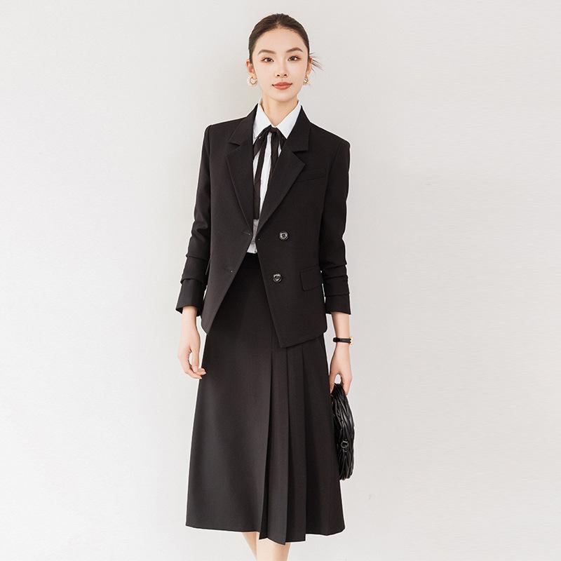 セットアップ レディース 高級感 通勤 オフィス 面接 スクール風 ジャケット プリーツスカート 大学生 ポリエステル素材 長袖 ミディ丈 グレー ブラック
