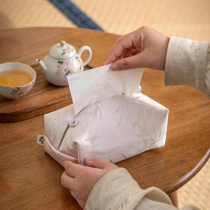 ティッシュケース 新和風 禅スタイル 錦織り 竹柄 布製 ファブリック リビング 茶室 車載用 おしゃれな..