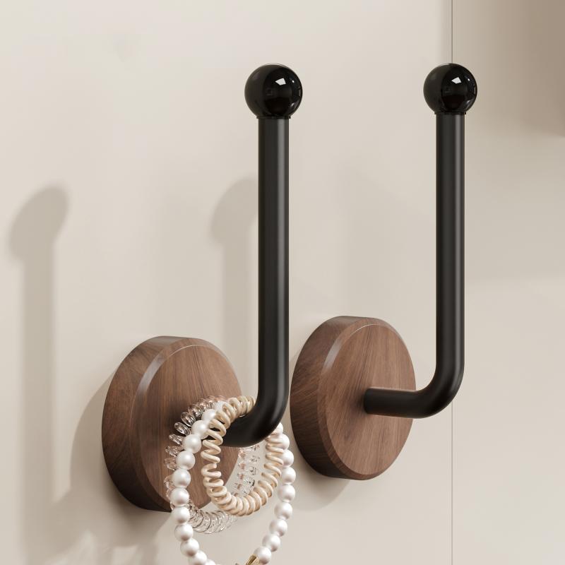 壁掛け 収納フック ウォールナット 穴開け不要 粘着式 簡単取り付け 天然木製 モダンデザイン バスルー..