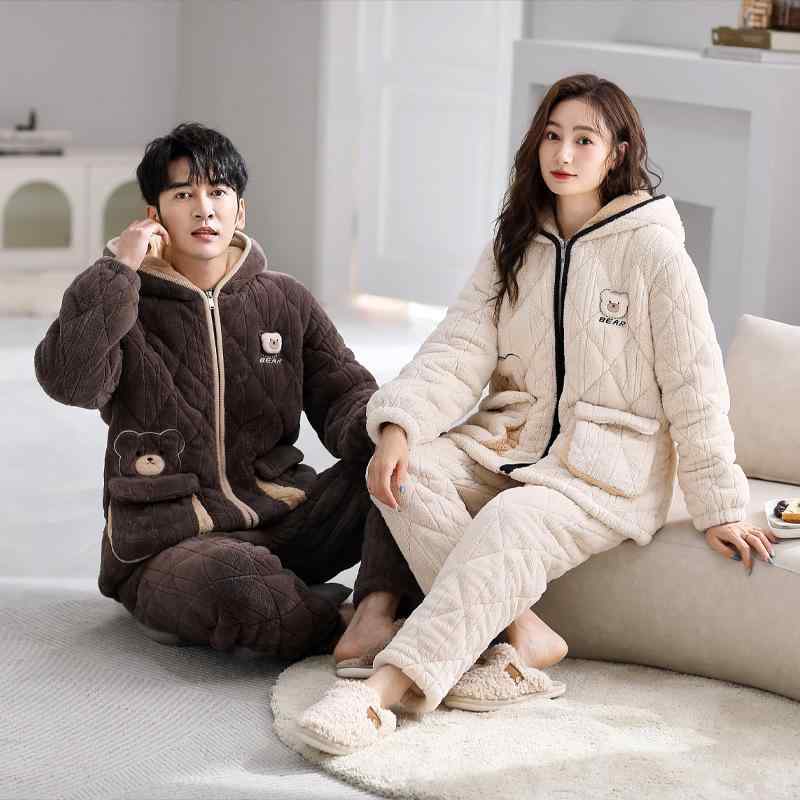 パジャマ レディース メンズ ペア 冬用 極厚 裏起毛 サンゴフリース 三層中綿入り フランネル フード付..