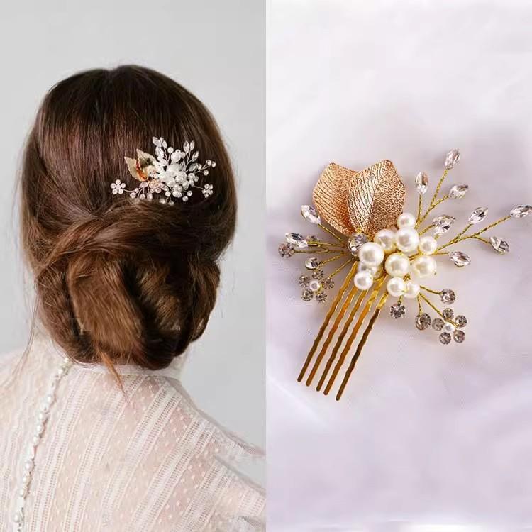 ヘッドドレス レディース ラインストーン パール ゴールドリーフ 華やか ヘアコーム ブライダル 花嫁 結婚式 二次会 パーティー フォーマル 発表会 演奏会 卒業式 入学式 成人式 チャイナドレス 和装 着物 アップヘア 大人用