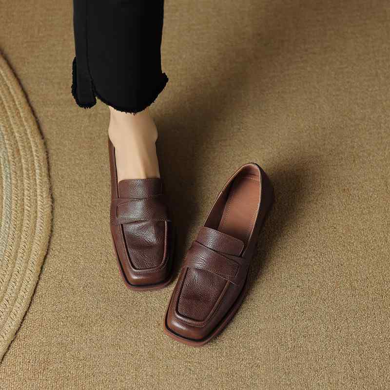 ローファー レディース 疲れにくい ソフトソール ソフト牛革 レトロ スクエアトゥ 太ヒール チャンキーヒール ミドルヒール 深履き 大きいサイズ 通勤 オフィス カジュアル オールシーズン