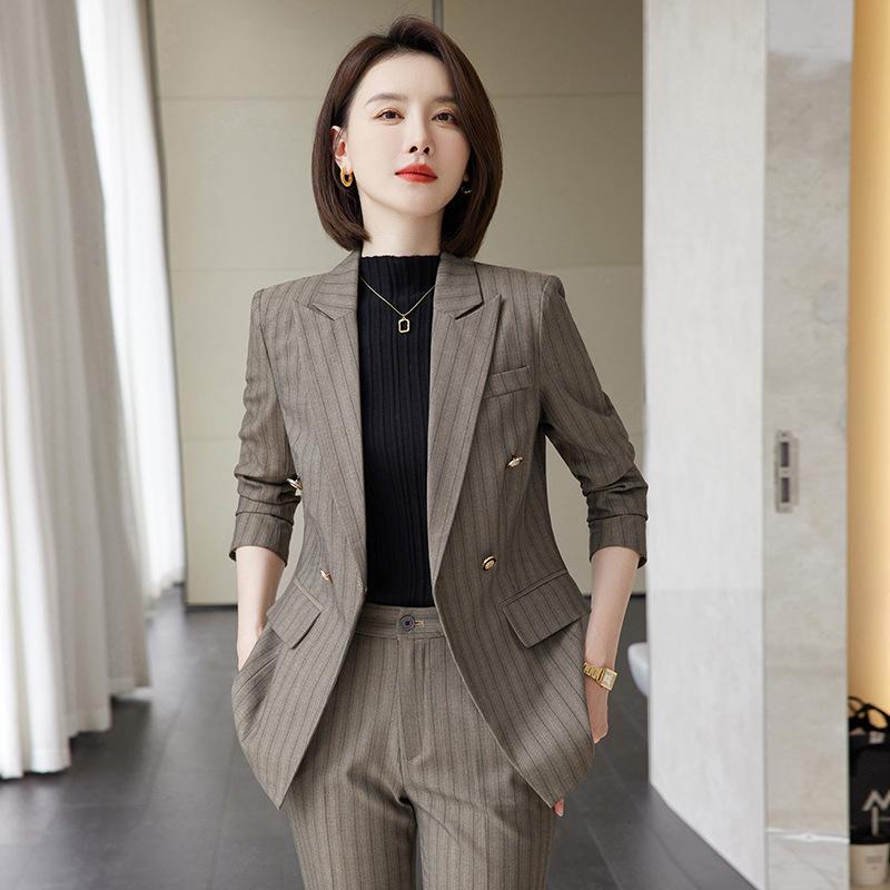 パンツスーツ レディース セットアップ カーキ 春秋 オフィス 通勤 ビジネス 事務服 フォーマル おしゃれ 高級感 上品 ストライプ柄 ジャケット 長袖 ロングパンツ