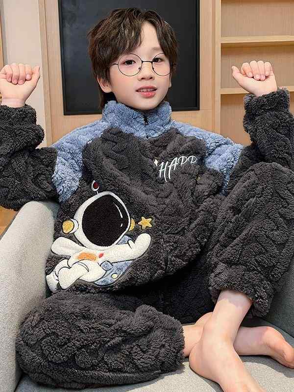 パジャマ 男の子 メンズ 秋冬 厚手 保温 フリース フランネル 上下セット 部屋着 あったか ファスナー 長袖 スタンドカラー 小学生 中学生 カジュアル 静電気防止