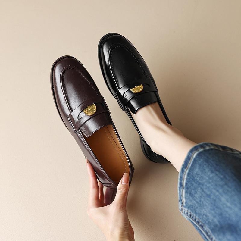 ローファー レディース コインローファー スリッポン ソフト牛革 本革 太ヒール ローヒール ラウンドト..