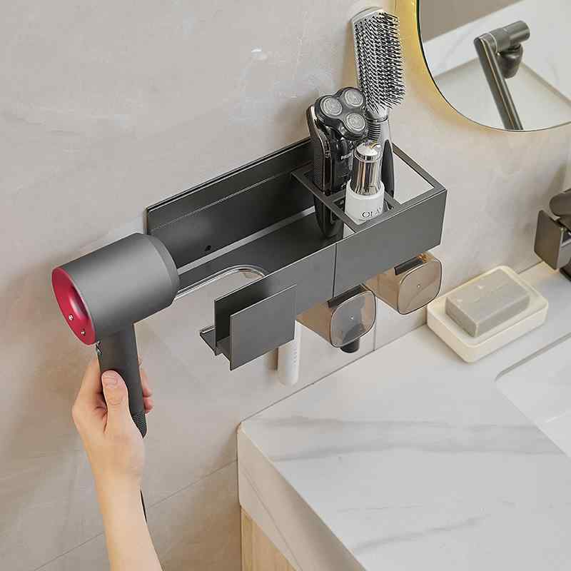 洗面所収納 壁掛け 穴開け不要 歯ブラシホルダー ヘアドライヤースタンド うがいコップ置き アルミ合金..