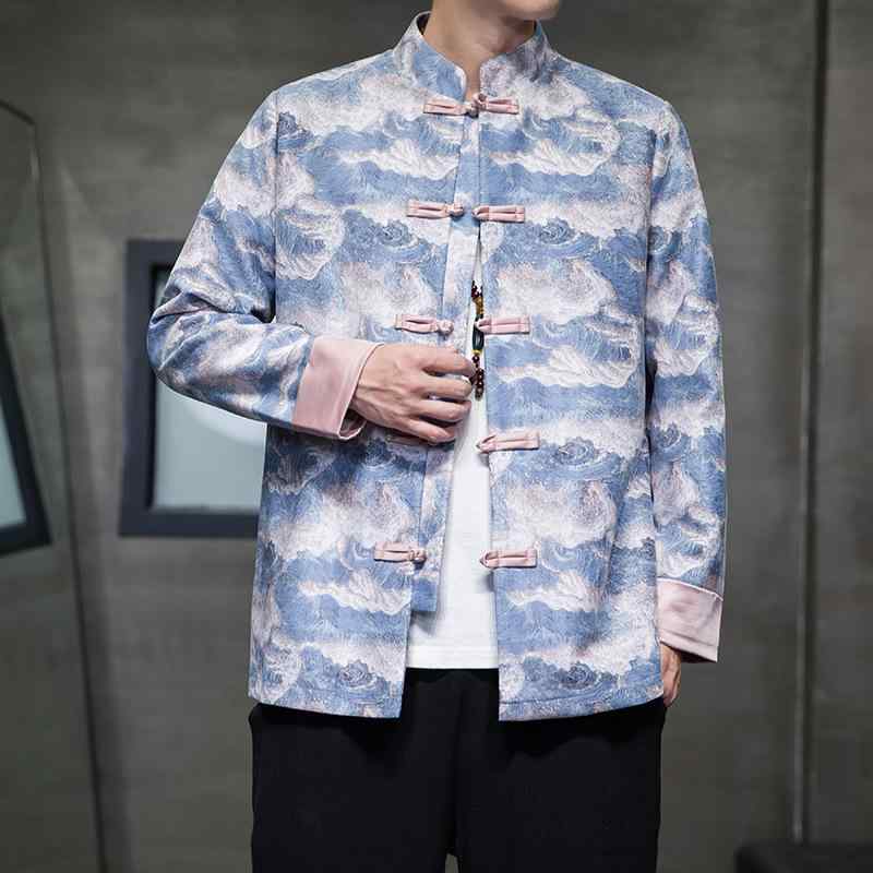 ジャケット メンズ 中国風 波柄 プリント 唐装 漢服 ゆったり ビッグサイズ ルーズフィット ポリエステル素材 カジュアル おしゃれ ストリート系 アウター ブルゾン 羽織り 若者 秋冬