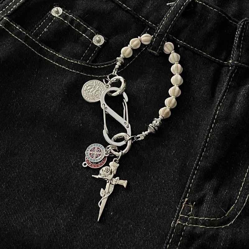 キーホルダー キーリング ハンドメイド 手作り 亜鉛合金 ホワイトクラックストーン ビーズ クロス 十字..